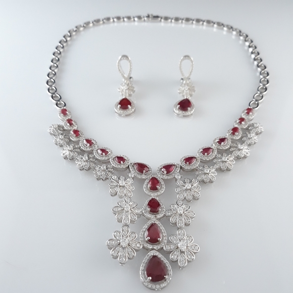 Blood Red Ruby White Zirconia Sterling Silver Set - Picture 10 of 15